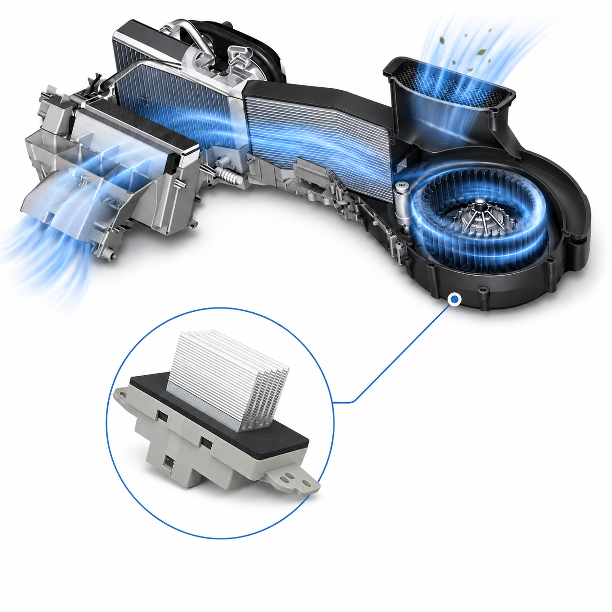 Cabin HVAC airflow system with blower motor control module callout