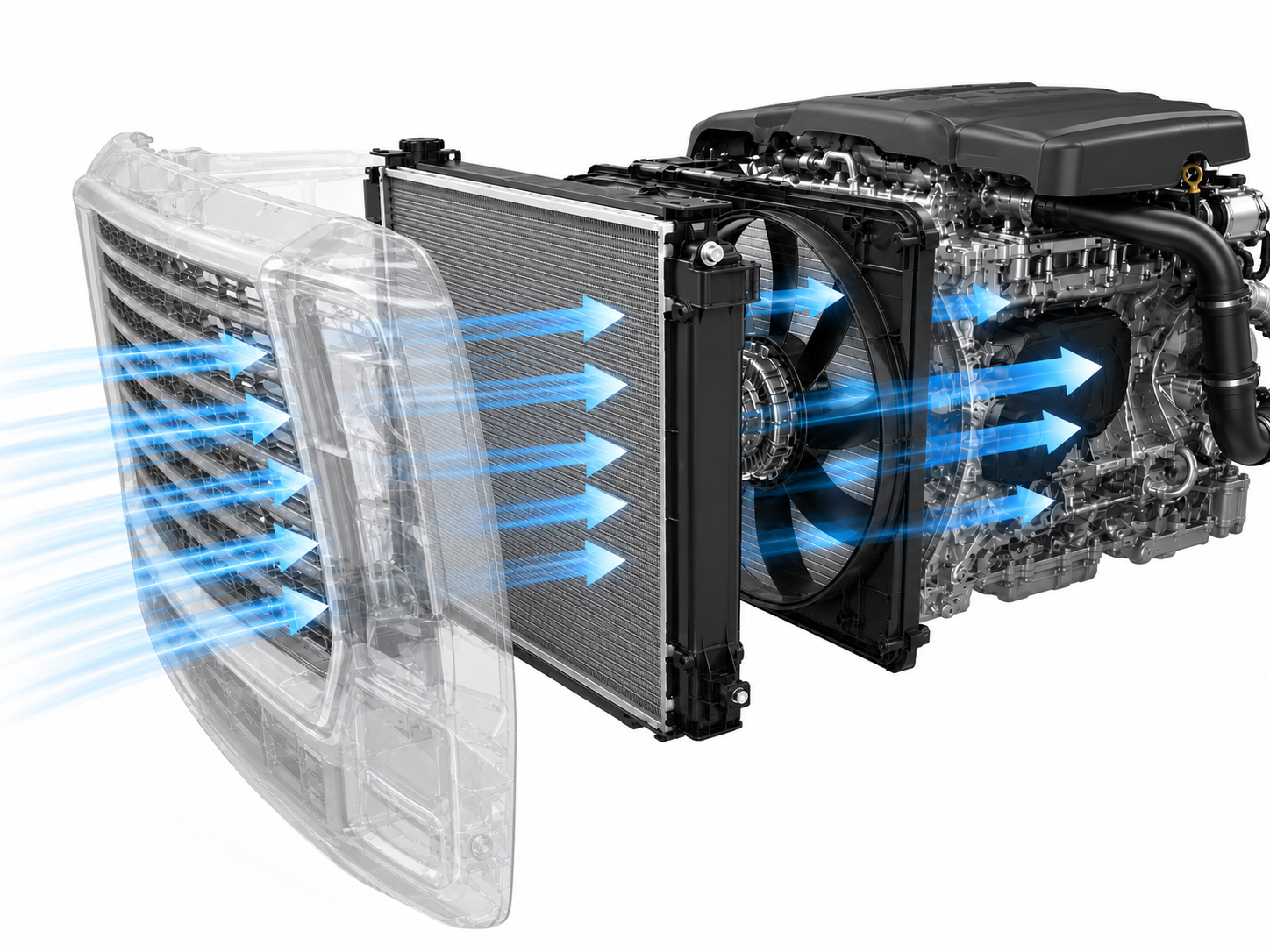 Engine cooling system with radiator fan and airflow illustration