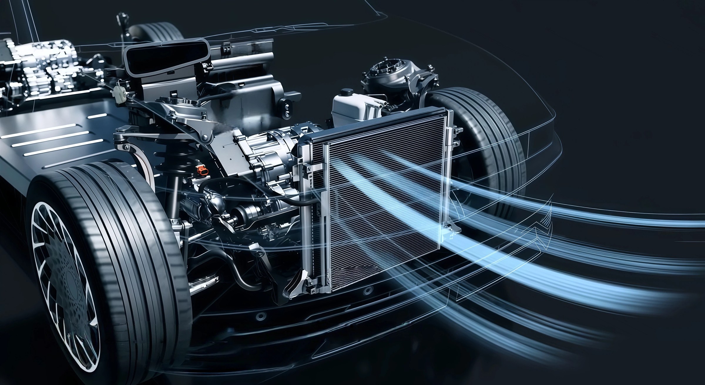 Automotive thermal management system showing cabin HVAC and engine cooling architecture